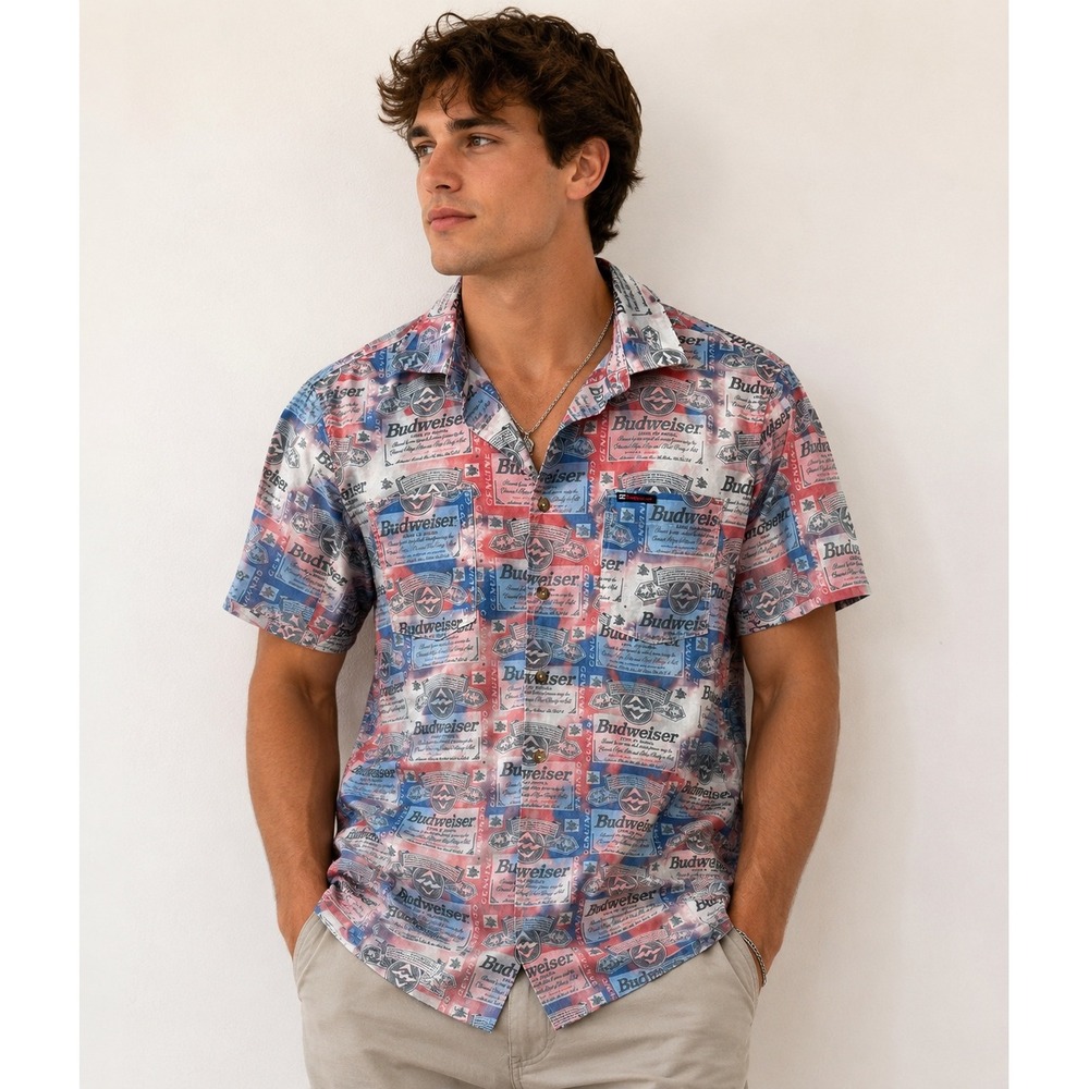 Billabong Budweiser Men‎ M Red Blue Beer Label Short Sleeve Button Down Shirt